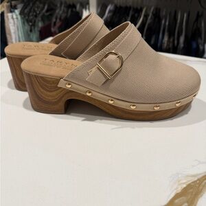 Taryn Rose Women's Beige Clogs with Gold Accents